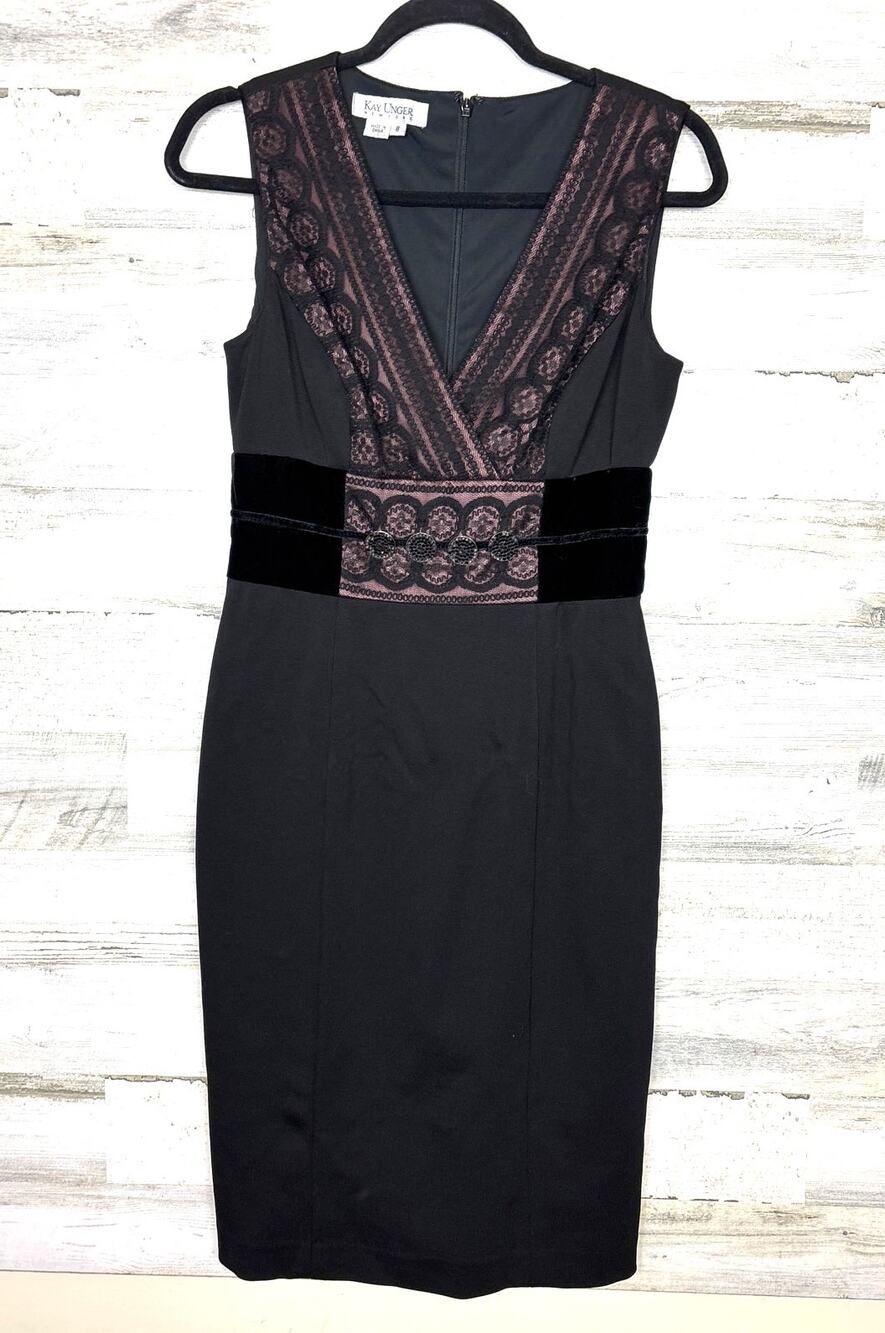 Kay Unger New York Black Velvet Lace V Neck Midi Dress Womens 8 Cocktail